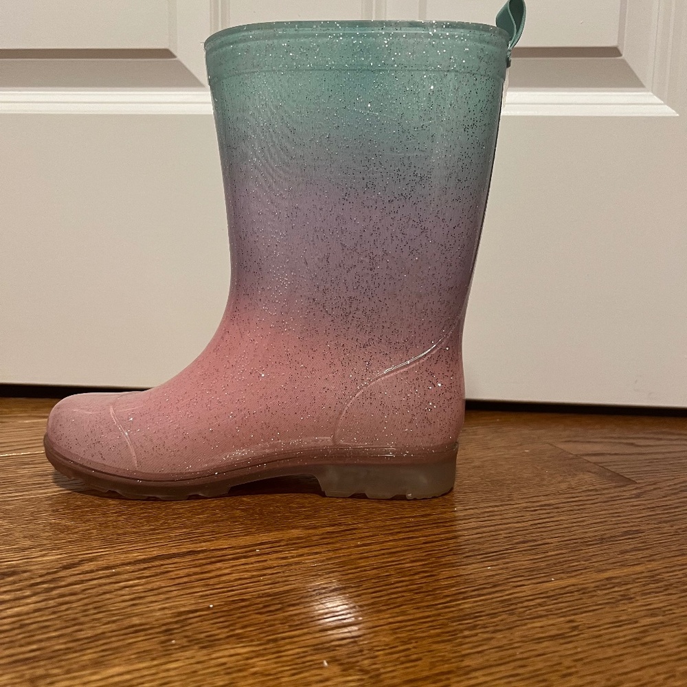 Sparkly pink, teal, and purple boot for kids size 2